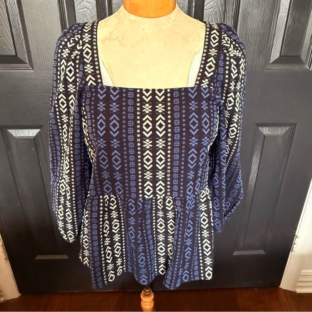 Madewell Lightspun Millbrook Puff Sleeve Peplum Top Geo Print Size S